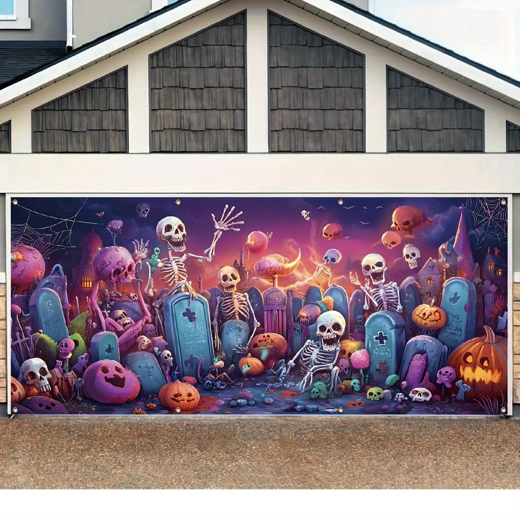 Halloween Garage Banner - Ghost Skull and Tombstone Pattern Suitable for Outdoor Celebrations and Party Decoration