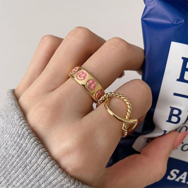 Уникальное винтажное кольцо с розовой глазурью-подтеками и смайликом для женщин, стильное для повседневной носки