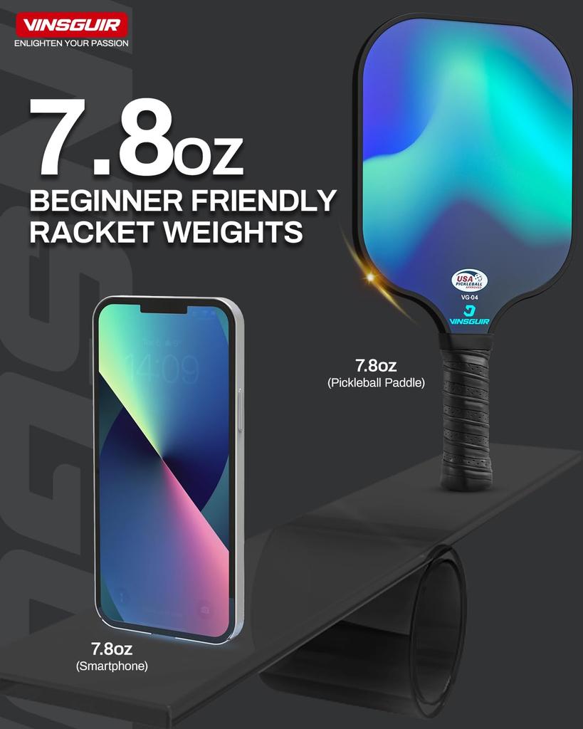 VINSGUIR Набор для пиклбола из легких ракеток из стекловолокна USAPA с сотовым ядром 4 Чехла Отлично подходит для начинающих и в качестве подарков Ракетки, 2, Одобренные, Ядро,