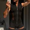 Mens Mockneck Sleeveless Jumpsuits Front Zipper Mesh Patchwork Short Romper Bodysuits
