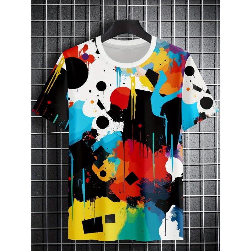 Men's Colorful Abstract Graffiti 3D Printed T-Shirt Casual Short Sleeve Crewneck Top Cool Paint Splatter Geometric Graphic Summer Streetwear Tees