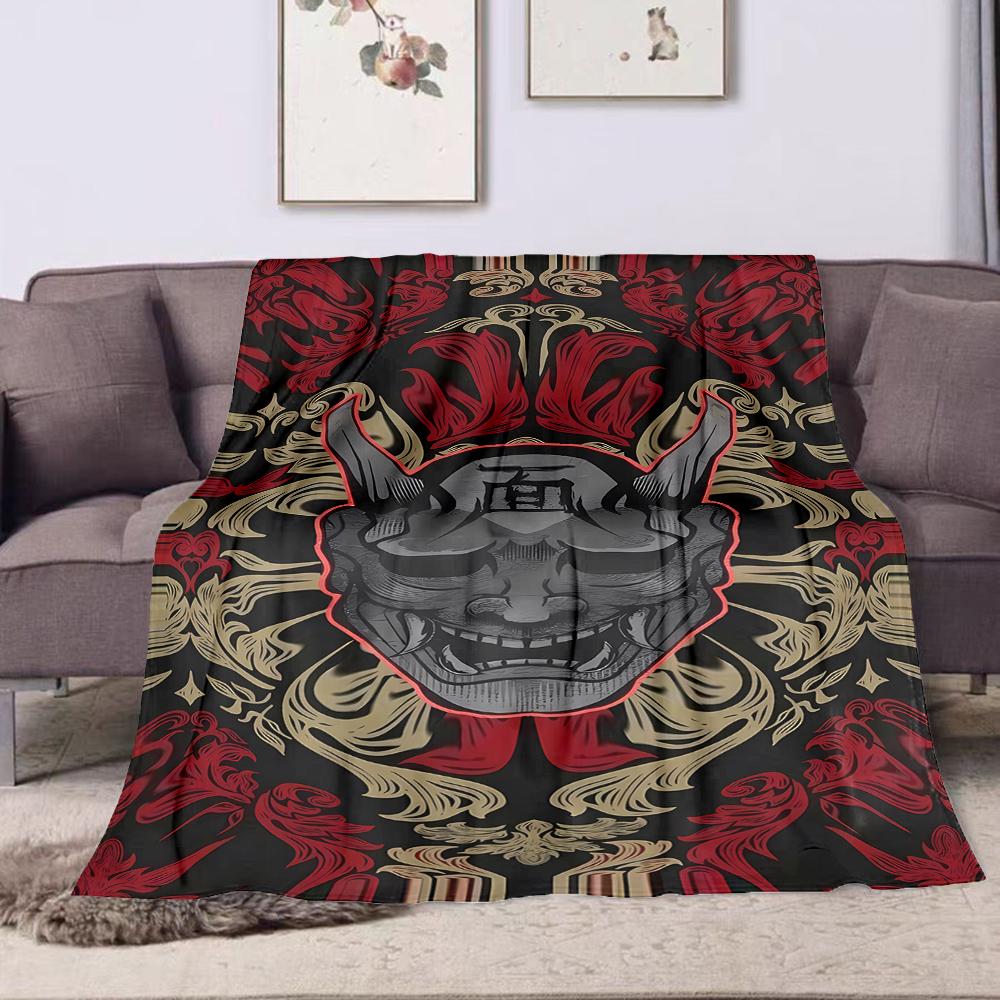 "Samurai Demon Mask with Artistic Flames" Patterned flannel blanket perfect for the bedroom living room, sofa, or a little nap
