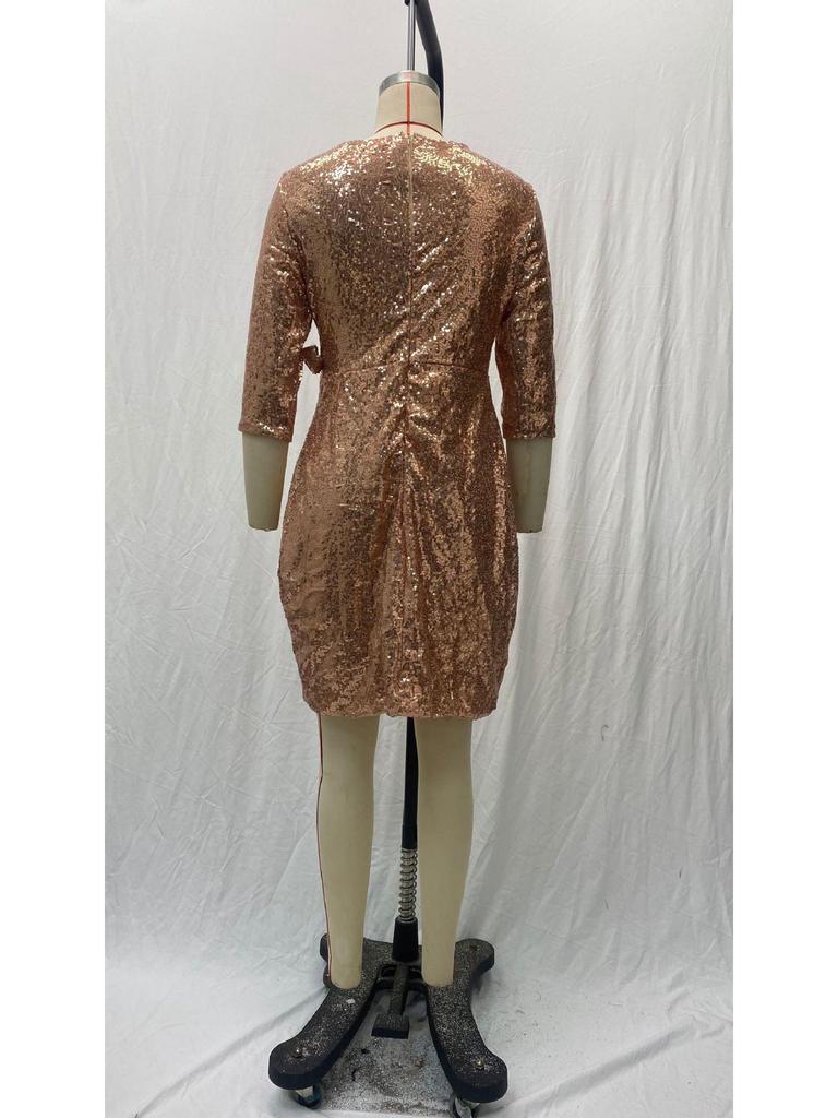 Sexy Long-Sleeve Sequin V-Neck Tie-Up Dress