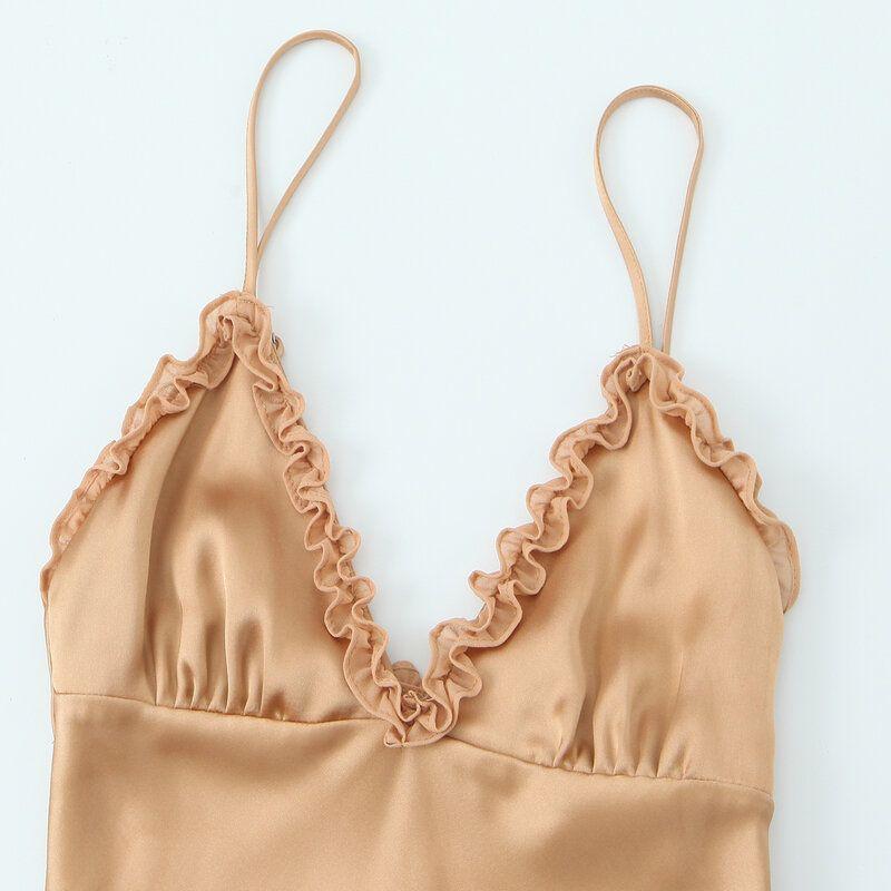 Fashion Style 2024 Autumn New Women's Sling Patchwork Laminated Silk Satin Texture Dress 5030256