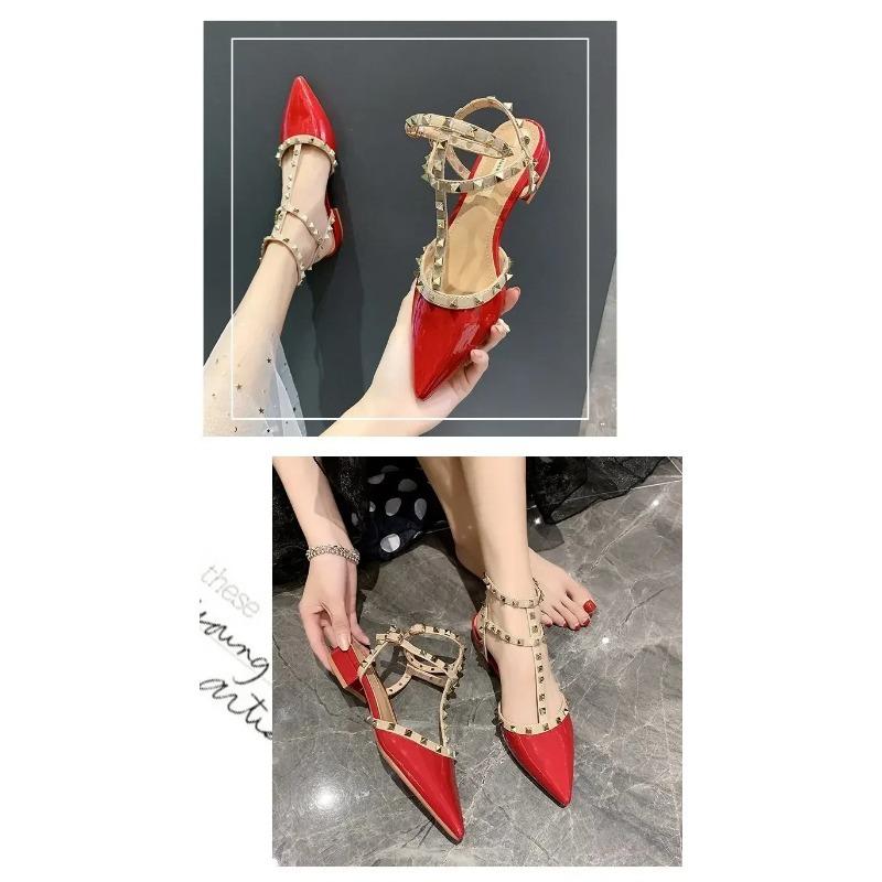 Новые летние туфли Baotou One Word Buckle с заклепками на высоком каблуке и заостренной головкой, модные одинарные туфли, все подходящие сексуальные сандалии для женщин