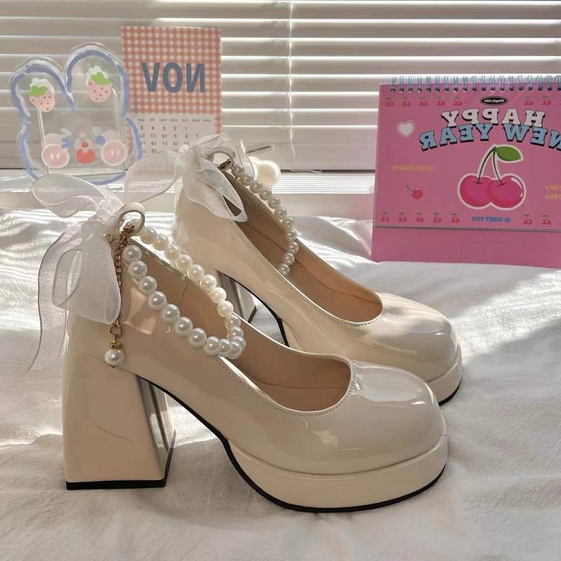 Fashion Women's High Heels with Elegant Bows Women Shoes Thick Heel Shoes for Women Retro Party Square Toe Pearl Sandals