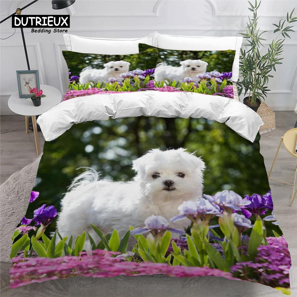Cute Maltese Dog Duvet Cover Set Pet Dogs Theme Bedding Set Microfiber Kawaii Animal Comforter Cover Twin King For Kids Teens