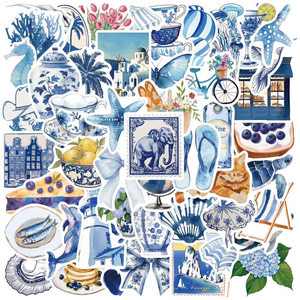 50pcs Blue Style Watercolor Aesthetics Graffiti Stickers Phone Guitar Laptop Notebook Suitcase Cup Waterproof Sticker Kids Toys