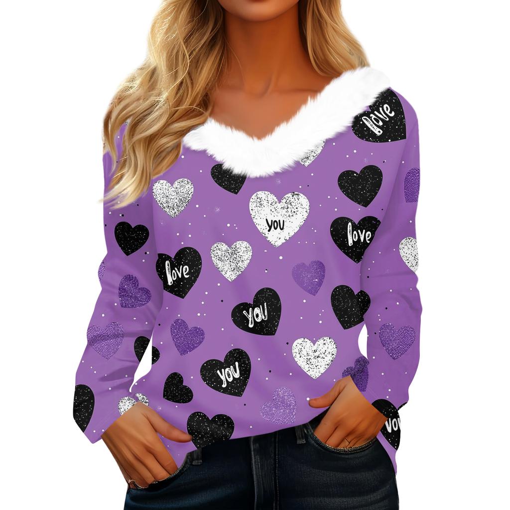 Women's Valentine's Day Printed Long-Sleeved Shirt, V-Neck, Casual Loose-Fitting T-Shirt Top