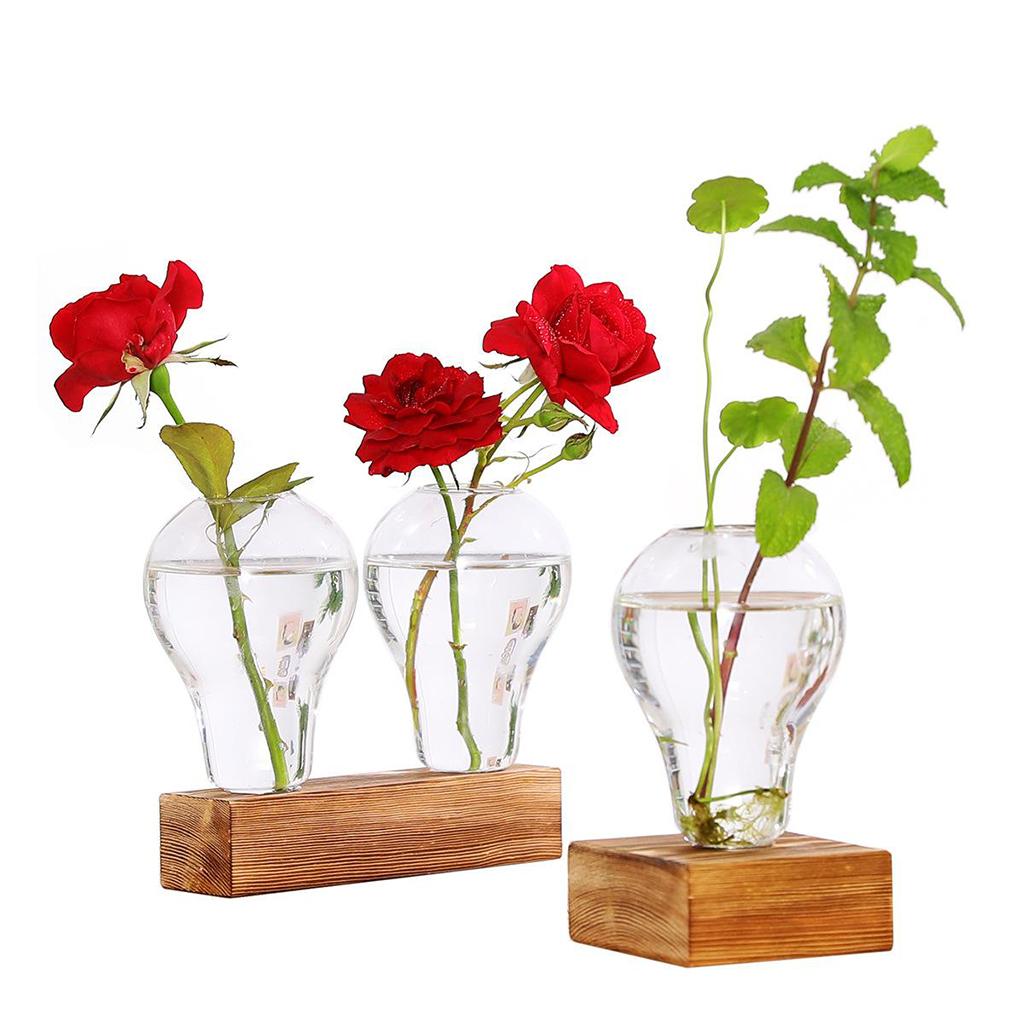 Retro Style Pear Vases w/Wooden Stand Decorative Hydroponic Planter Home Decor