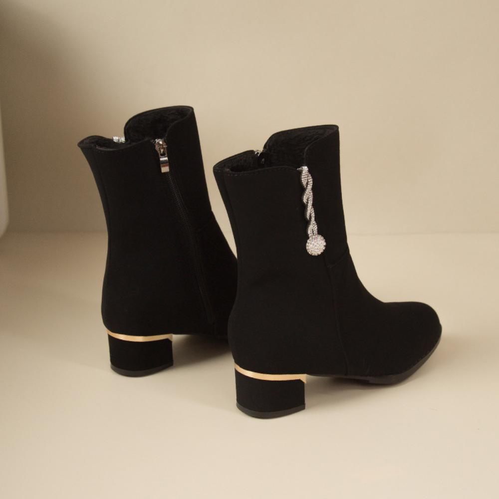 Ботинки Женские средние ботинки Грубый каблук Матовые меховые ботинки Женские ботинки Короткие ботинки