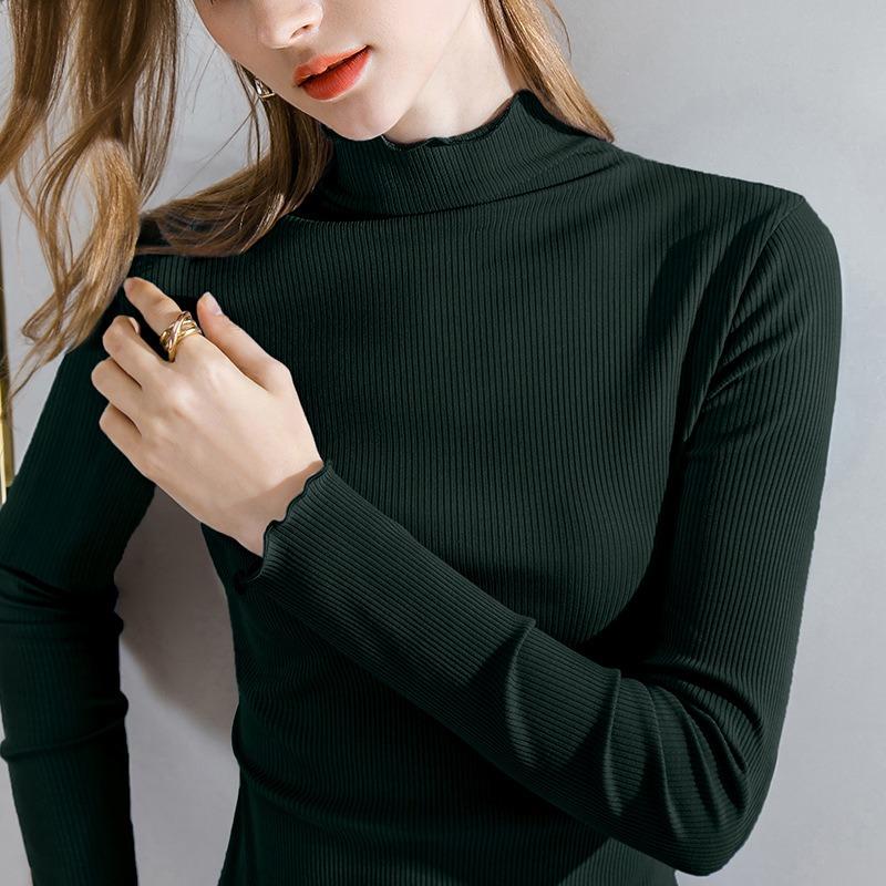 Modal Bottoming Shirt Women's Semi-turtleneck Women's Clothing Age-reducing Fungus Edge Autumn and Winter Inner Waist Top Lotus Leaf Sleeves