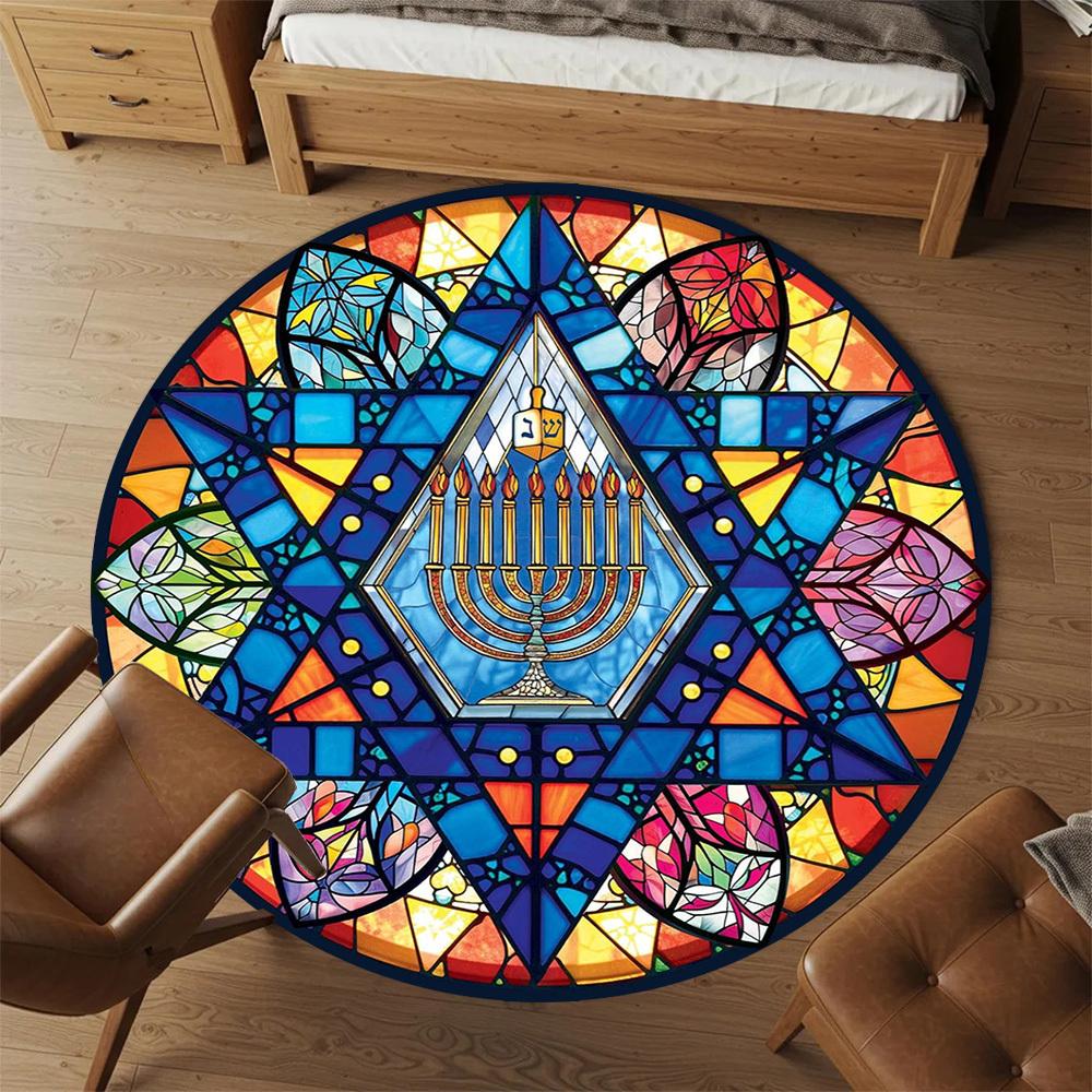 1pc Stained Glass Menorah Pattern Office Round Rugs, Under Chair Round Rugs for Living Room, Bedroom, Bathroom Decoration Carpet 091805