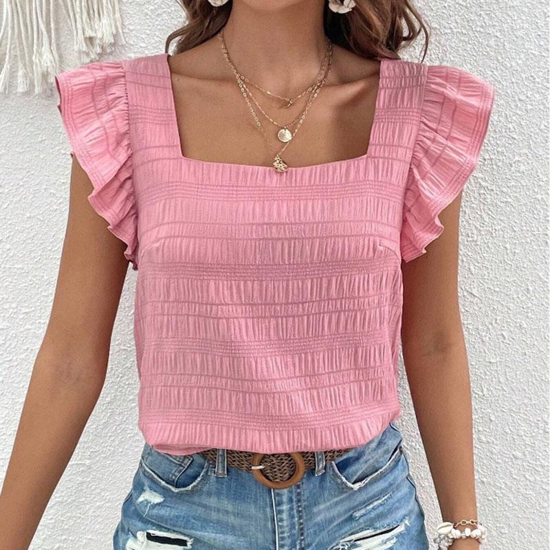 Женская летняя футболка с квадратным воротником и оборками, однотонный пуловер, топ