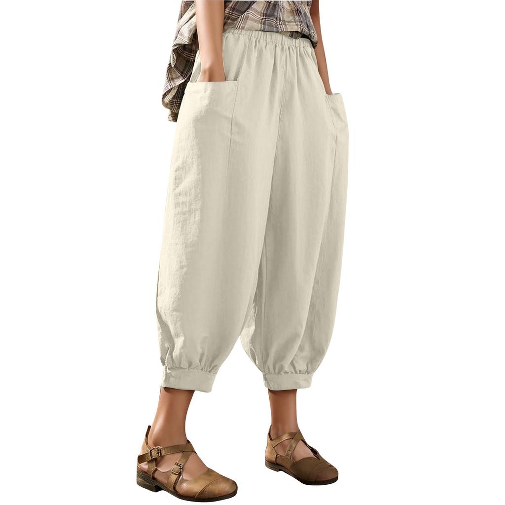 Women's Fashion Solid Color Loose Large Size Elastic Waist Small Leg Haren Pants Versatile Casual Pants