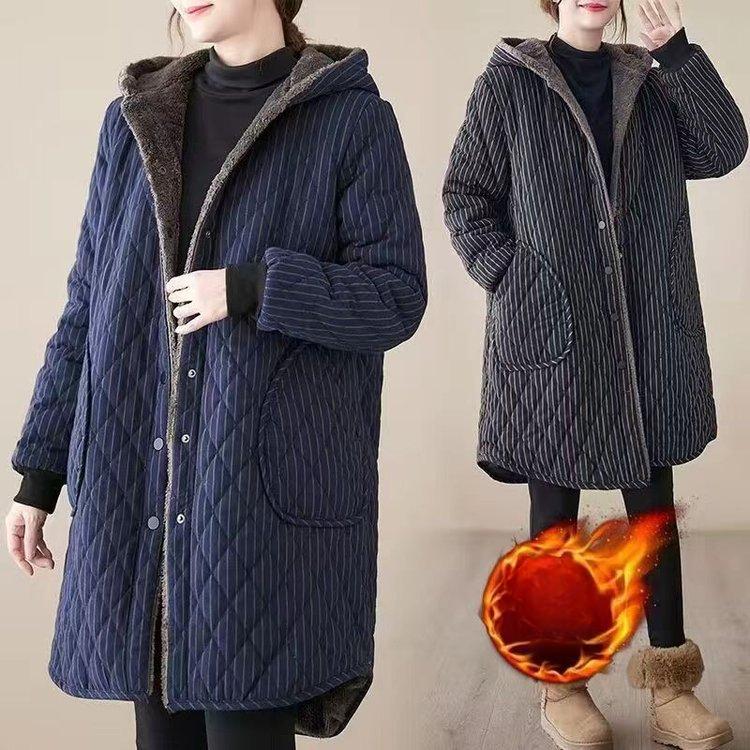 Winter Jacket Plus Velvet Thick Padded Jacket Women's Literature and Art Plus Size Women's Hooded Padded Jacket Plaid Padded Jacket Women