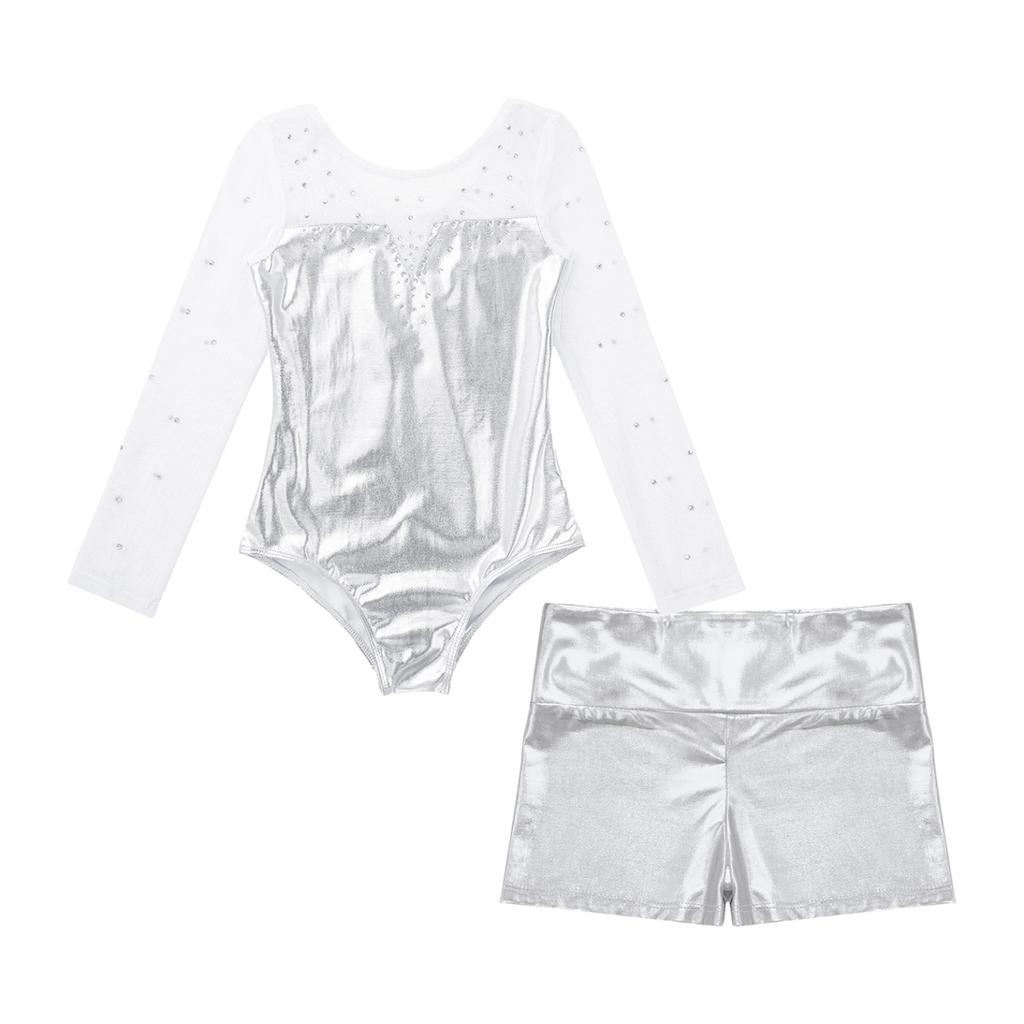 Детский комплект танцевальной одежды для девочек, купальник с длинными рукавами и круглым вырезом, блестящий декор со стразами, комбинезон и шорты