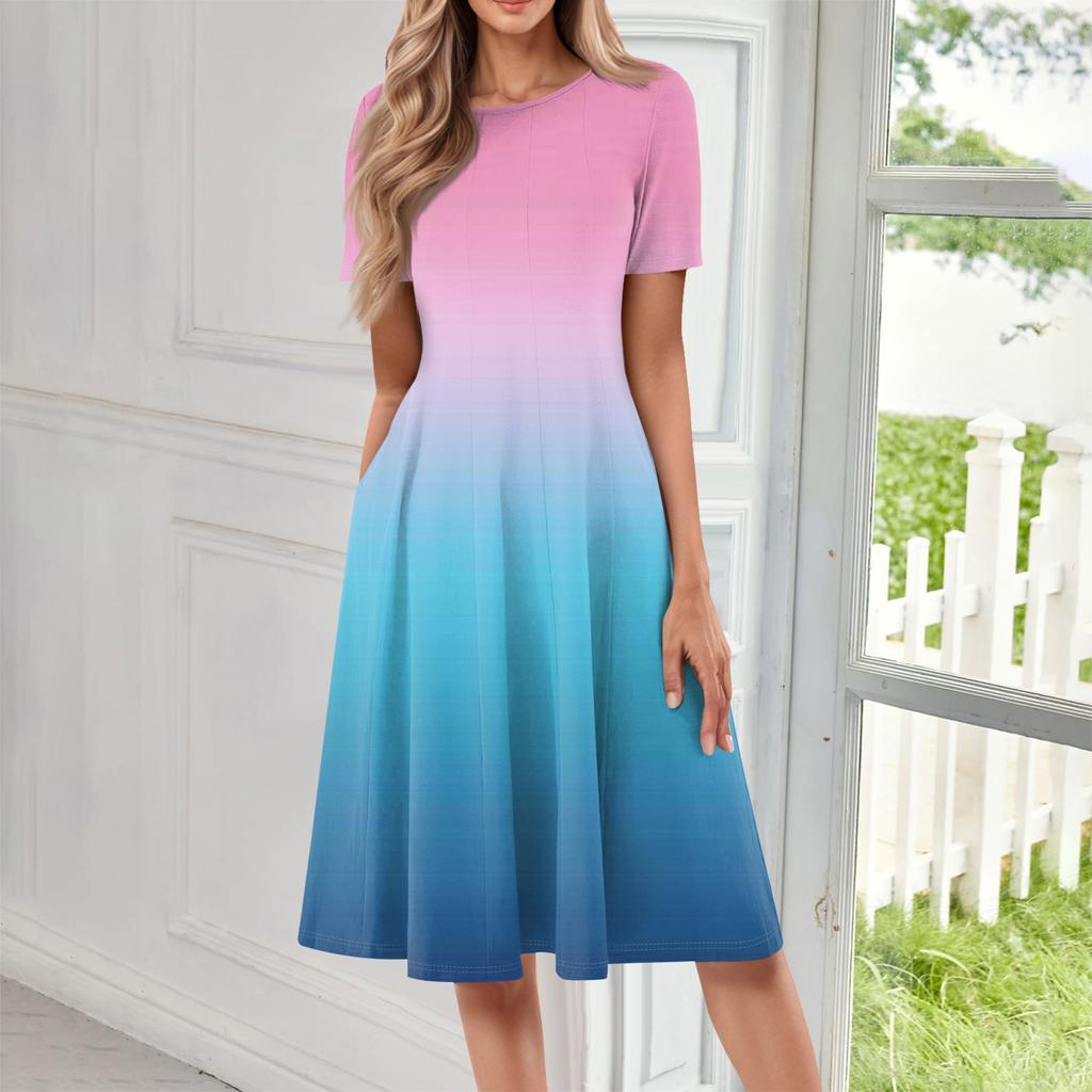 Ladies Casual Fashion Round Neck Short Sleeve Mid-Length Gradient Dress
