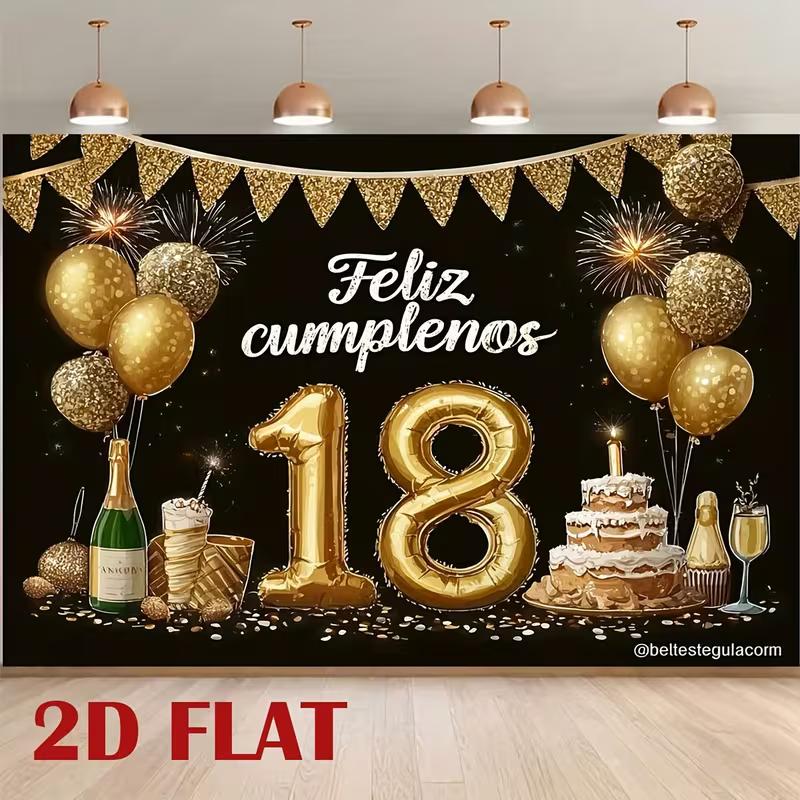 2D Black Gold 18th Birthday Photography Backdrop with Feliz Cumpleaños