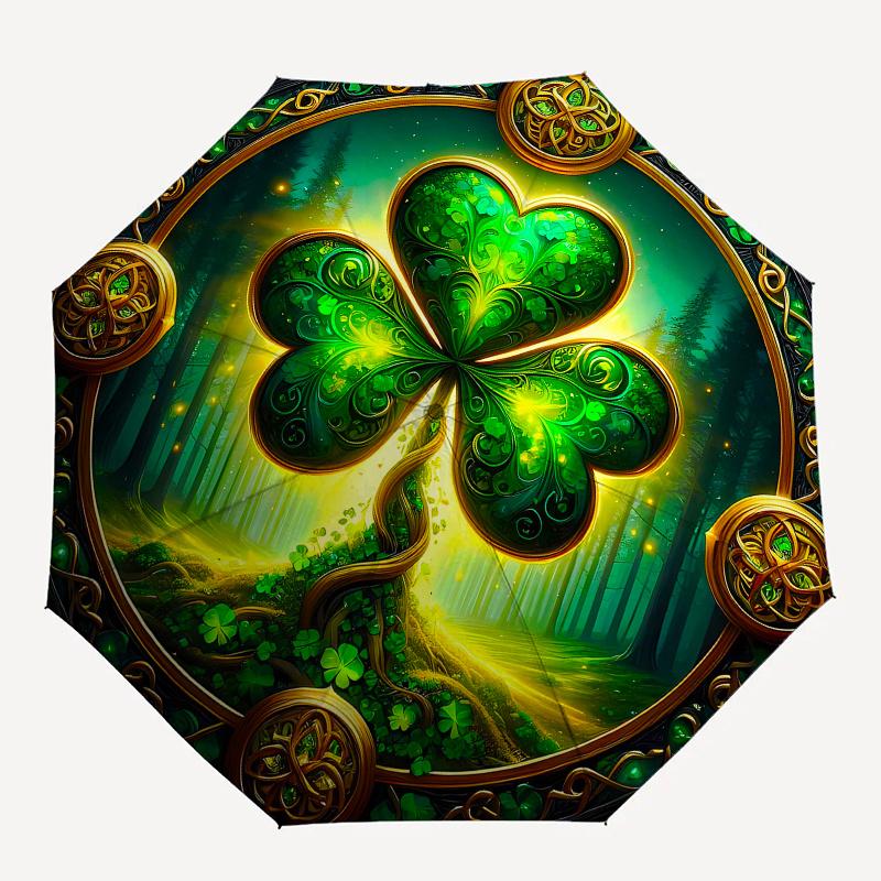 Enchanted Forest Shamrock Wall Art Decor Umbrella, Cute Umbrella with Cute Design, Portable 3-Fold Compact Umbrella for Men & Women, Valentine's Day M