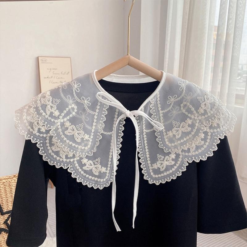 Women Girls Vintage Lolita False Fake Collar Shawl Sweet Ruffles Lace-Up Bow Decorative Necklace Choker Short Poncho