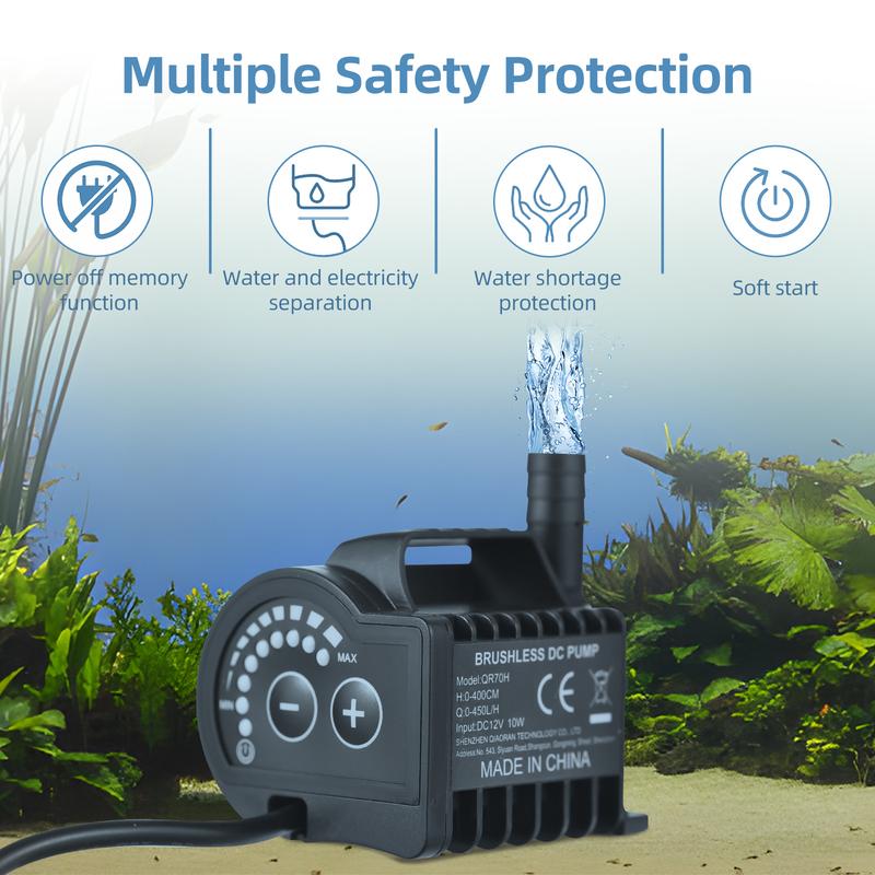 Submersible 12V Water Pump 8 Levels Adjustable 0-700L/H Fountain Pump with 0-9.8ft Lift, DC Female Plug and Suction Cup Base