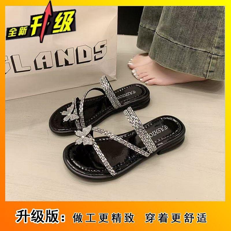 2025 новые красивые классные шлепанцы женские носить плоская подошва стразы бабочка закрытые пальцы два летом носить пляжные классные шлепанцы женские