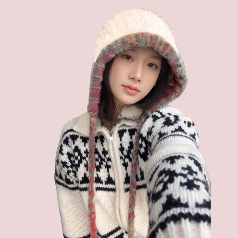 Женская шапка-бини с узором Fair Isle на шнуровке и защитой для ушей: Толстая, теплая вязаная шапка с помпоном для осени и зимы