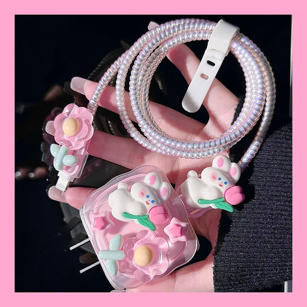 Applicable To Apple Data Cable Protective Cover Charger 18-20W Anti-breakage Winder Cute Flower Animal Advanced INS Style