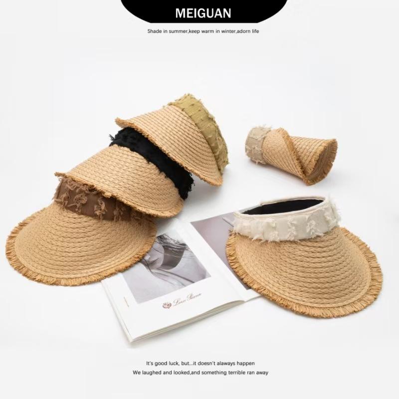 Wenling Hat Female Empty Top Straw Hat Sunscreen Visor Hat Burr Edge Sun Hat Seaside Vacation Beach Show Small Face
