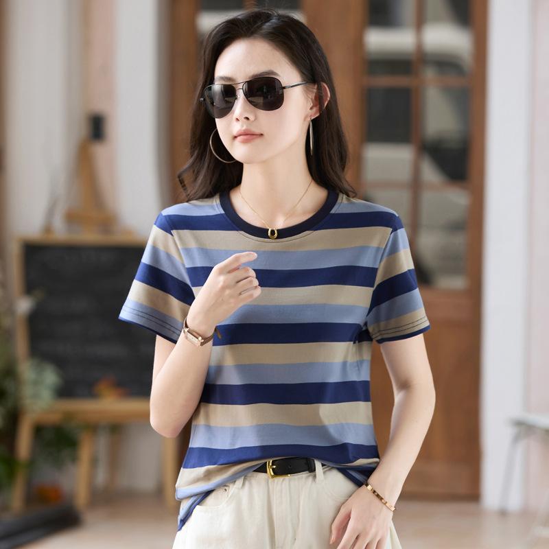 Женская летняя синяя полосатая повседневная хлопковая футболка с круглым вырезом и коротким рукавом, простые модные топы большого размера с анимированным цифровым принтом