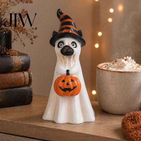 Cute Halloween Party Favors Ghost Dog Figurine, Wizard Hat Pumpkin Resin Statue, Tabletop Decor Festive for Entryway Bar Window Party, Lovely Holiday