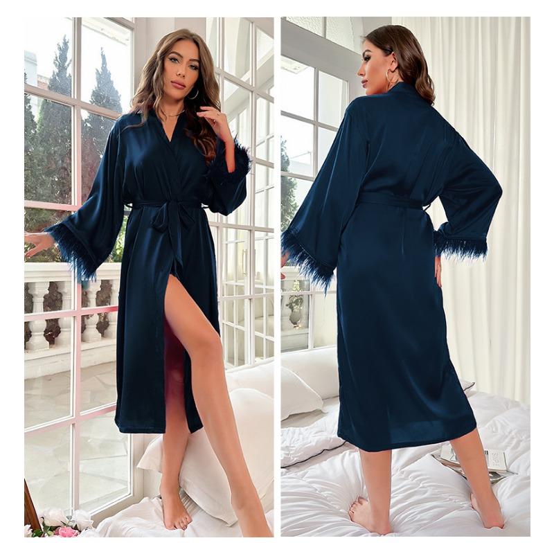 Модная женская пижама из сатина с длинными рукавами, отделкой из перьев и материалом Ice Silk