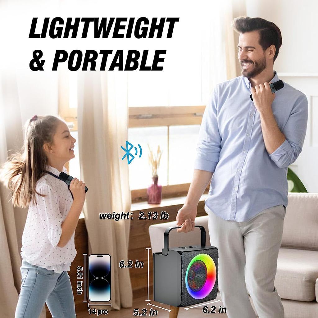 Караоке-машина, портативный динамик Bluetooth, светодиодная лампа для вечеринок с 2 беспроводными микрофонами для караоке — подарок на день рождения, семья, вечеринка, встреча, поддержка USB.