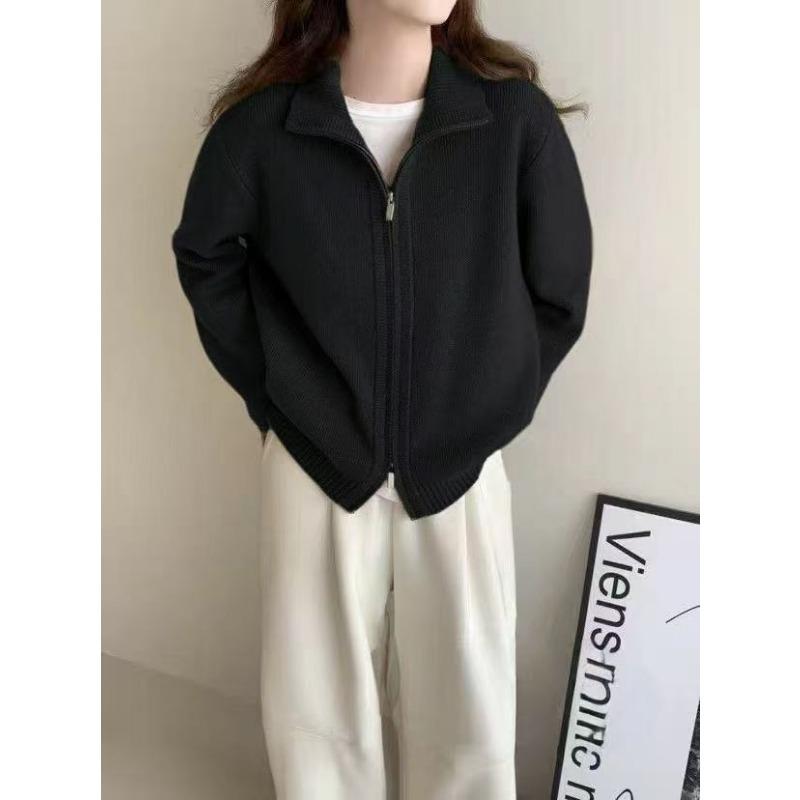 Осень и зима новый свитер на двойной молнии куртка женская толстая с воротником-стойкой повседневный дизайн короткий вязаный кардиган женский