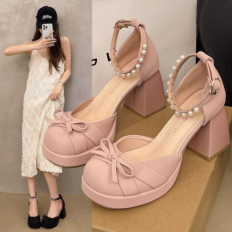 Французские босоножки на толстом каблуке с бантом женские 2025 лето маленький квадратный носок бант сумка на носке супер высокий каблук женские