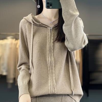 Женская кардиган с капюшоном на молнии, трикотажная куртка, однотонный свитер, повседневная толстовка с капюшоном, теплая трикотажная куртка в стиле Харадзюку на осень и зиму