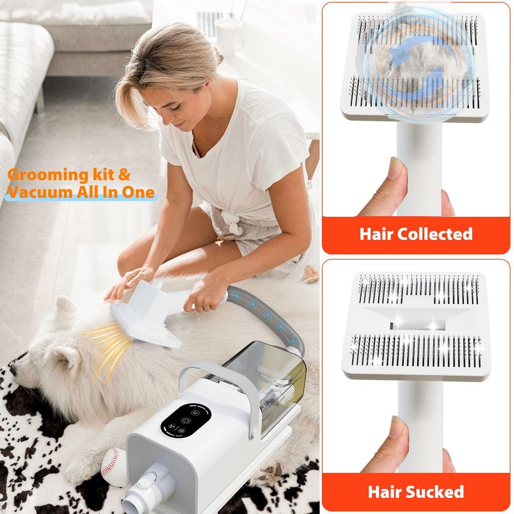 Multifunctional Pet Grooming Vacuum, Powerful Suction Dog Hair Trimmer Set with Detangling Brush, Low Noise Pet Hair Vacuum for All Breeds Dogs Cats