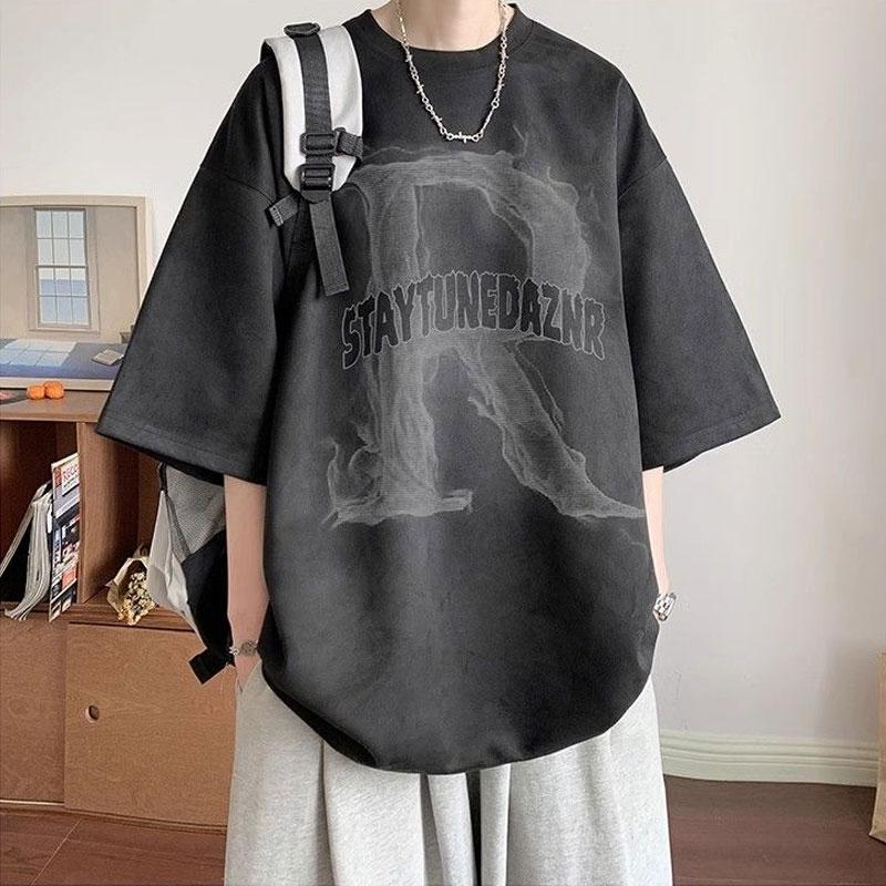 Американские пуловеры с ретро-буквами, мужская одежда, с круглым вырезом, с принтом, летние, повседневные, свободного кроя, в молодежном стиле, уличная мода, футболки с коротким рукавом