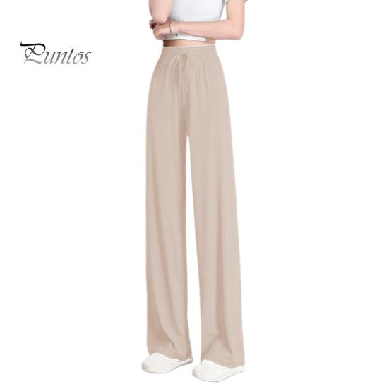 Женские брюки, эластичные повседневные брюки с высокой талией и регулируемым шнурком, однотонные свободные брюки с широкими штанинами, летние тонкие длинные брюки