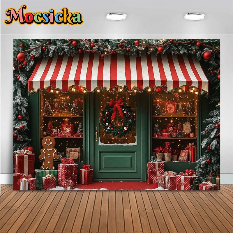 Mocsicka Christmas Shop Photo Background Winter Snow Gift House Store Decorations New Year Party Backdrops Photography Wallpaper
