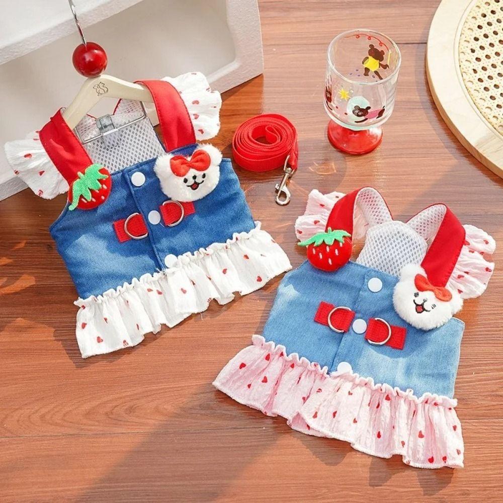 Универсальная Милая Шлейка-Платье для Собаки с Поводком Розовая Клубничная Шлейка-Платье для Питомца Удобная Юбка-Костюм для Собаки с Принтом Сердечки Весна Лето