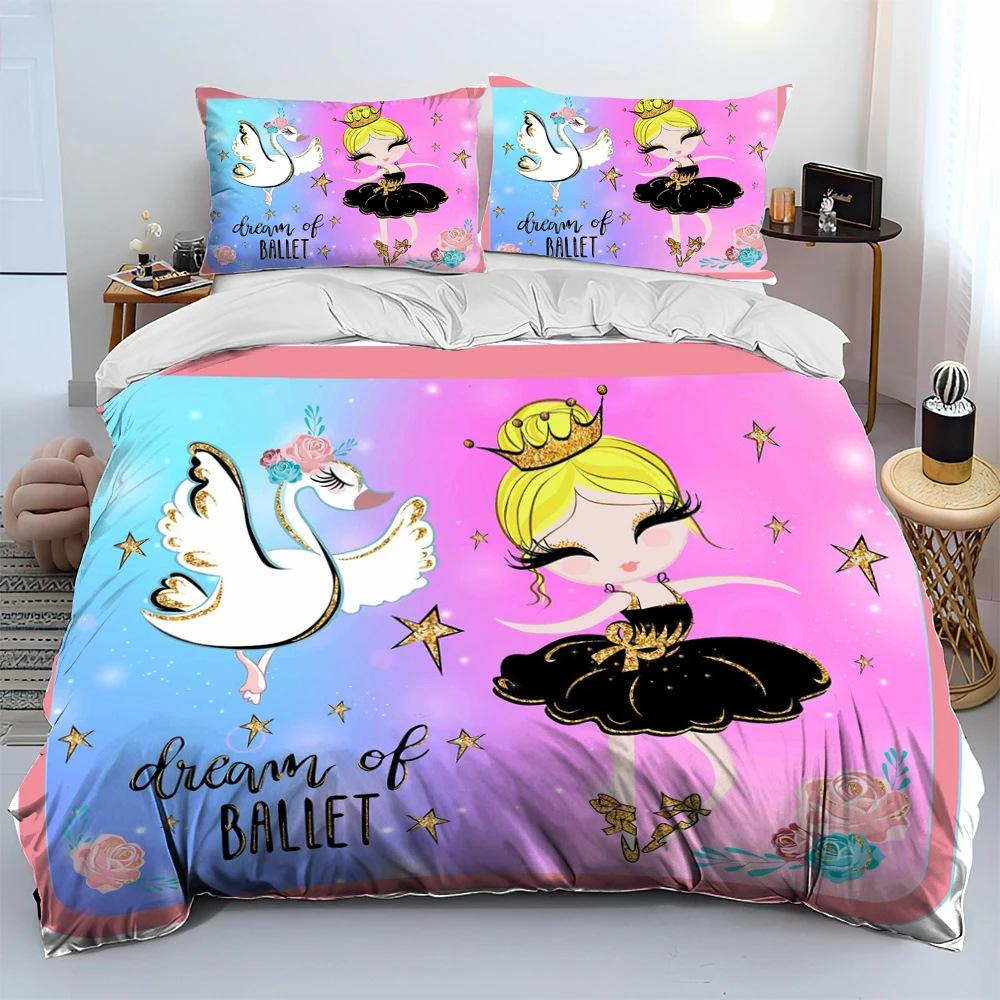 Комплект пододеяльника с наволочкой с 3D-принтом «Прекрасный лебедь и балерины», Мультяшные пододеяльники для мальчиков, девочек и на молнии