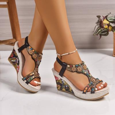 Обувь нового стиля: Модные туфли-сандалии на танкетке большого размера с круглым носком для женщин