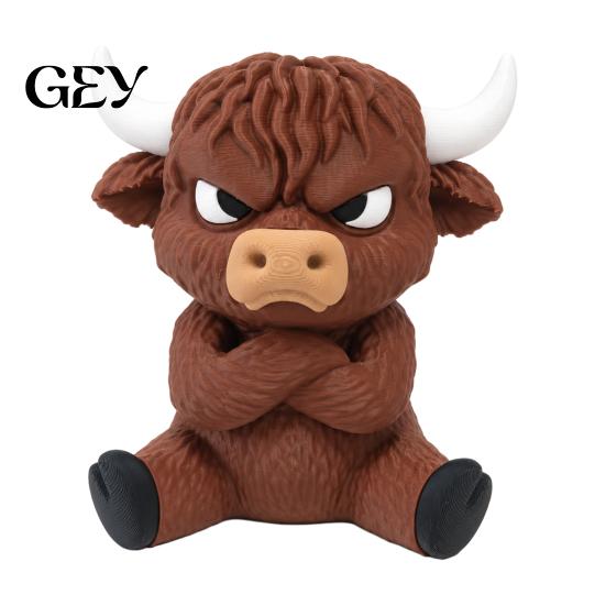Collectible Cow Toy 3D Printed Angry Highland Figurine, Cute Attitude Animal Desktop Unique Statue Ornament, Sitting for Home Office Table Decor
