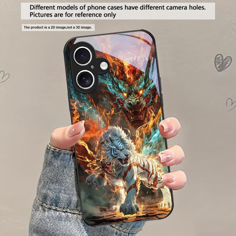Огромный дракон и тигр Для iPhone 17 Air 16 E 15 Plus 14 Pro Max 13 12 mini 11 5 6 7 8 Plus XR XS Max SE Черный стеклянный чехол для телефона