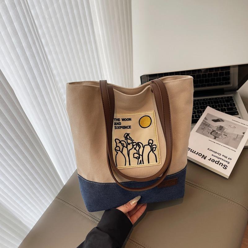 Large Capacity Canvas Bag Women's Summer New Casual Shoulder Shopping Bag Contrasting Color College Student Tote Bag