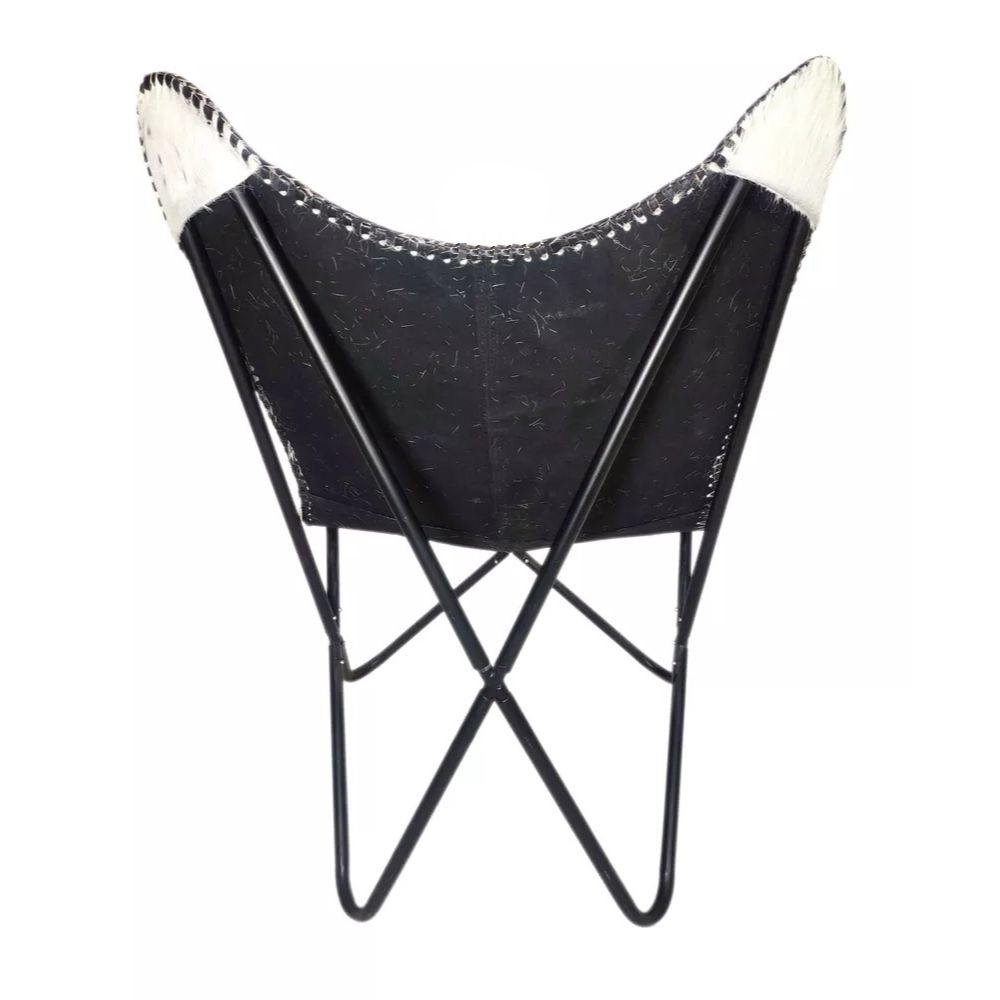 Черно-белое кожаное кресло-бабочка из воловьей кожи с подлокотниками и акцентом