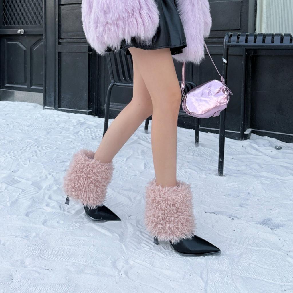 Fleece To Keep Warm In Winter, New Pointed-toed Thin-heeled Medium-heeled Short Boots, Fluffy Boots, High-heeled Design for Women