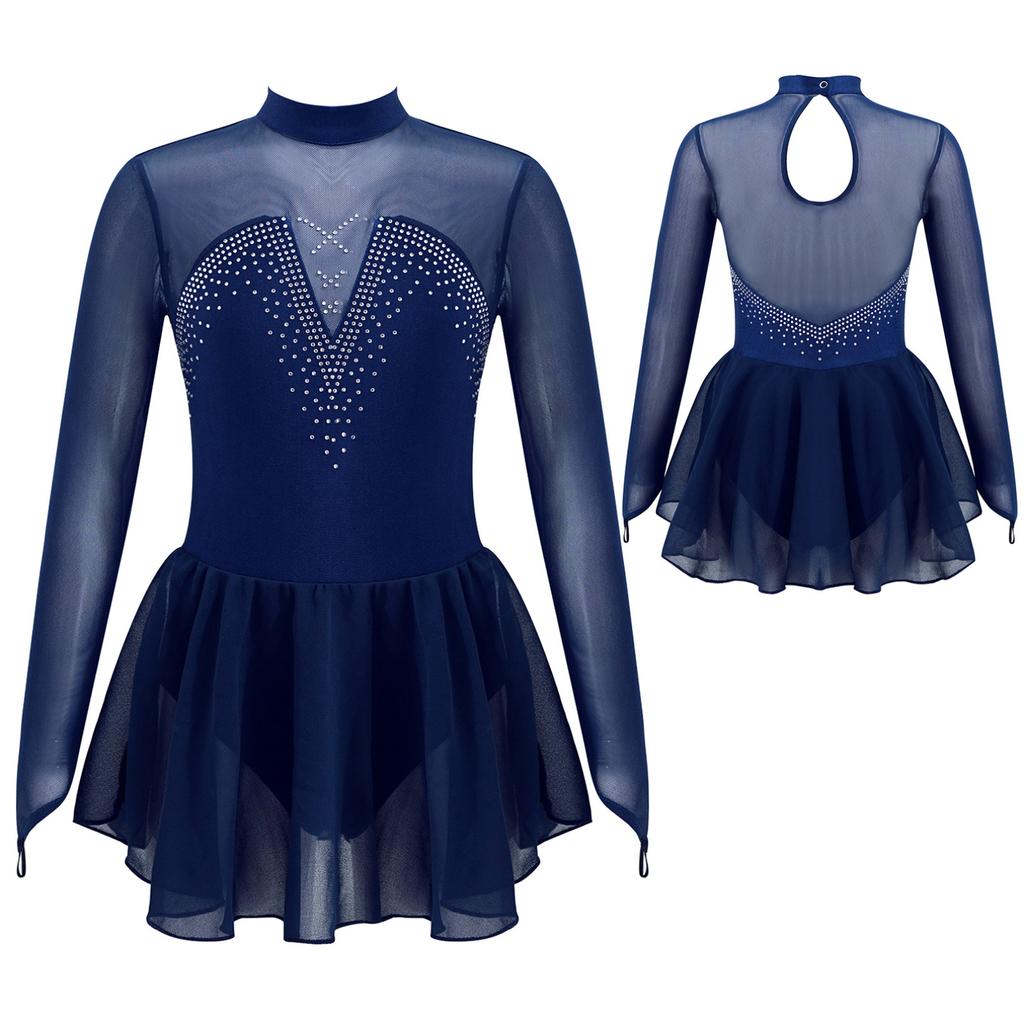 Kids Girls Sparkle Mesh Splice Figure Ice Skating Dress Gymnastic Dance Leotard Tutu Skirt Performance Dancewear